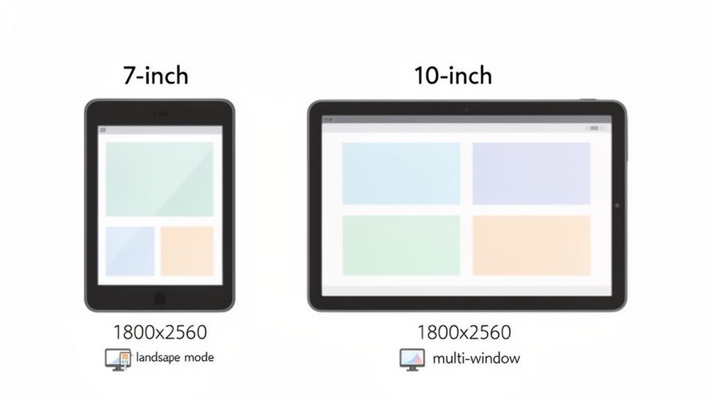 Two tablets, 7-inch and 10-inch, illustrating screen adaptations for different display modes with 1800x2560 resolution.