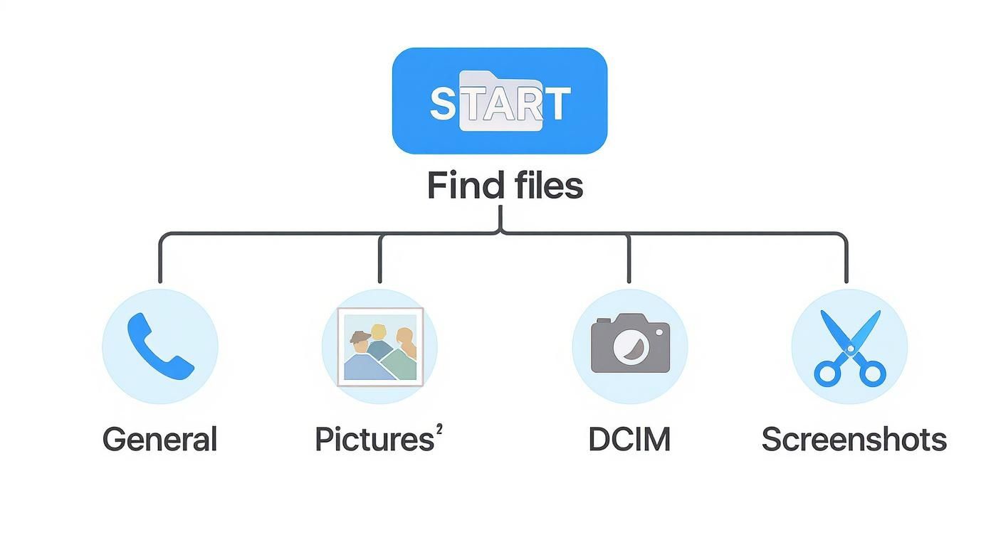 A flowchart showing how to find files, categorized into General, Pictures, DCIM, and Screenshots.