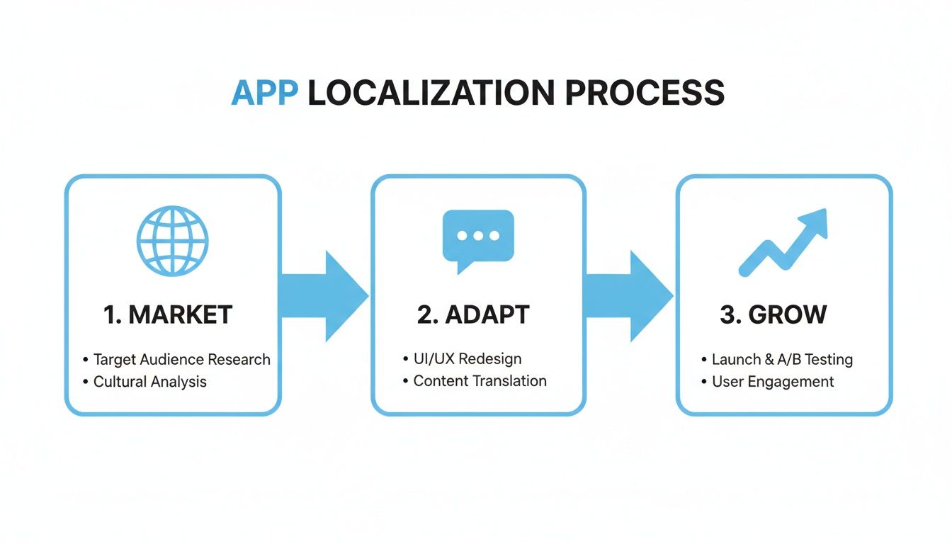 Infographic showing the three-step app localization process: Market, Adapt, Grow.