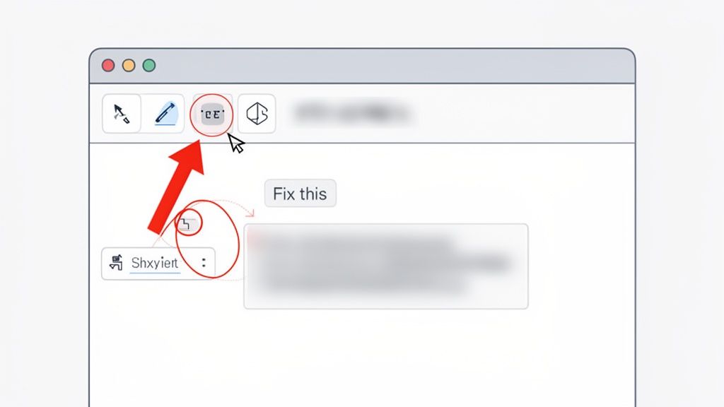 Browser window with an annotation toolbar, highlighting a quotes icon and text field.