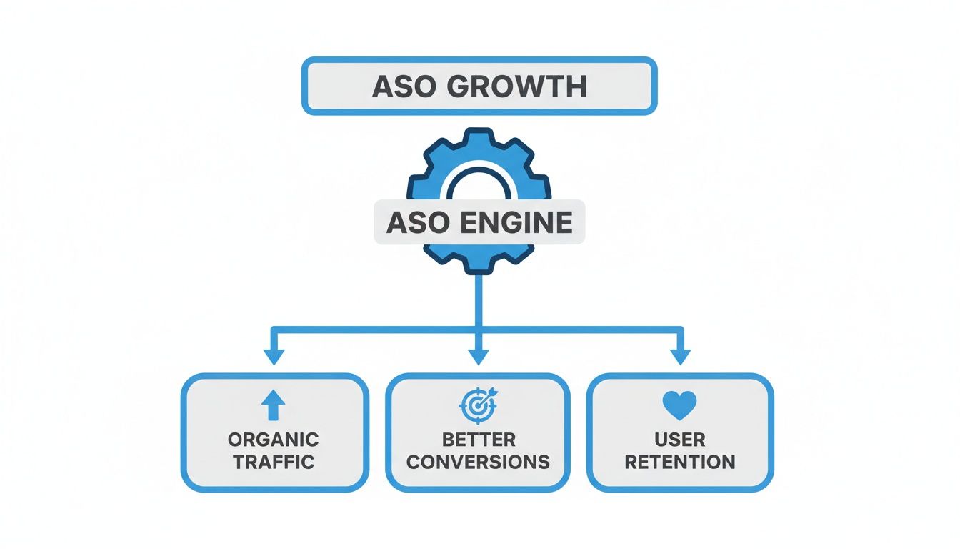 Flowchart showing ASO engine driving organic traffic, better conversions, and user retention for ASO growth.