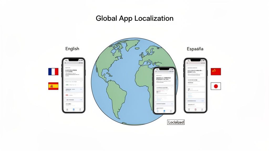 An illustration of global app localization showing different language versions on smartphones around a globe.