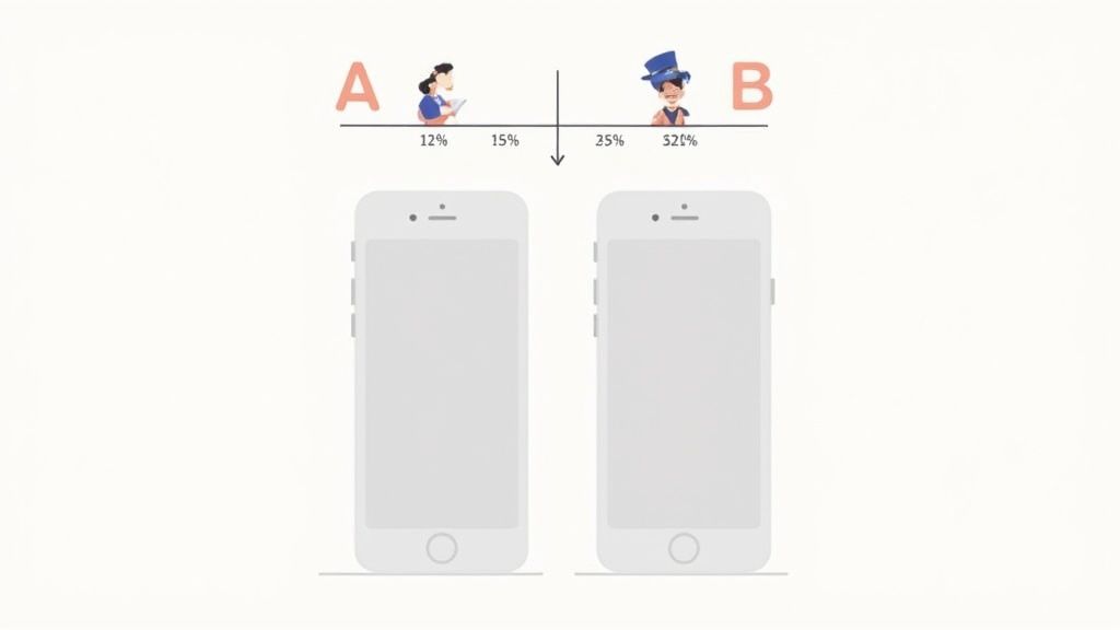 Two iPhone app mockups below a graphic showing A/B testing results and user percentages.