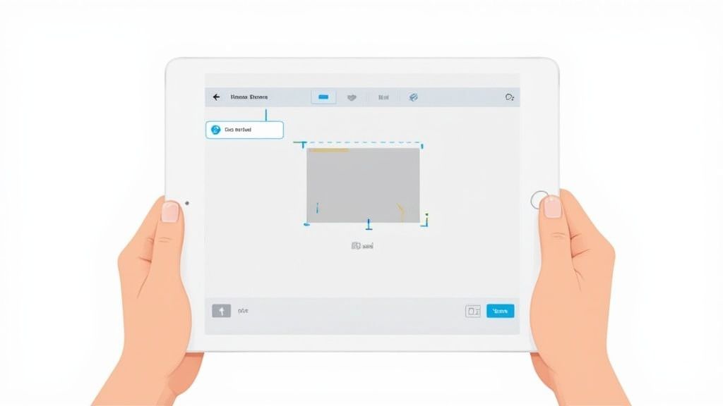 A person’s hands holding an iPad and taking a screenshot, with editing tools visible on the screen.