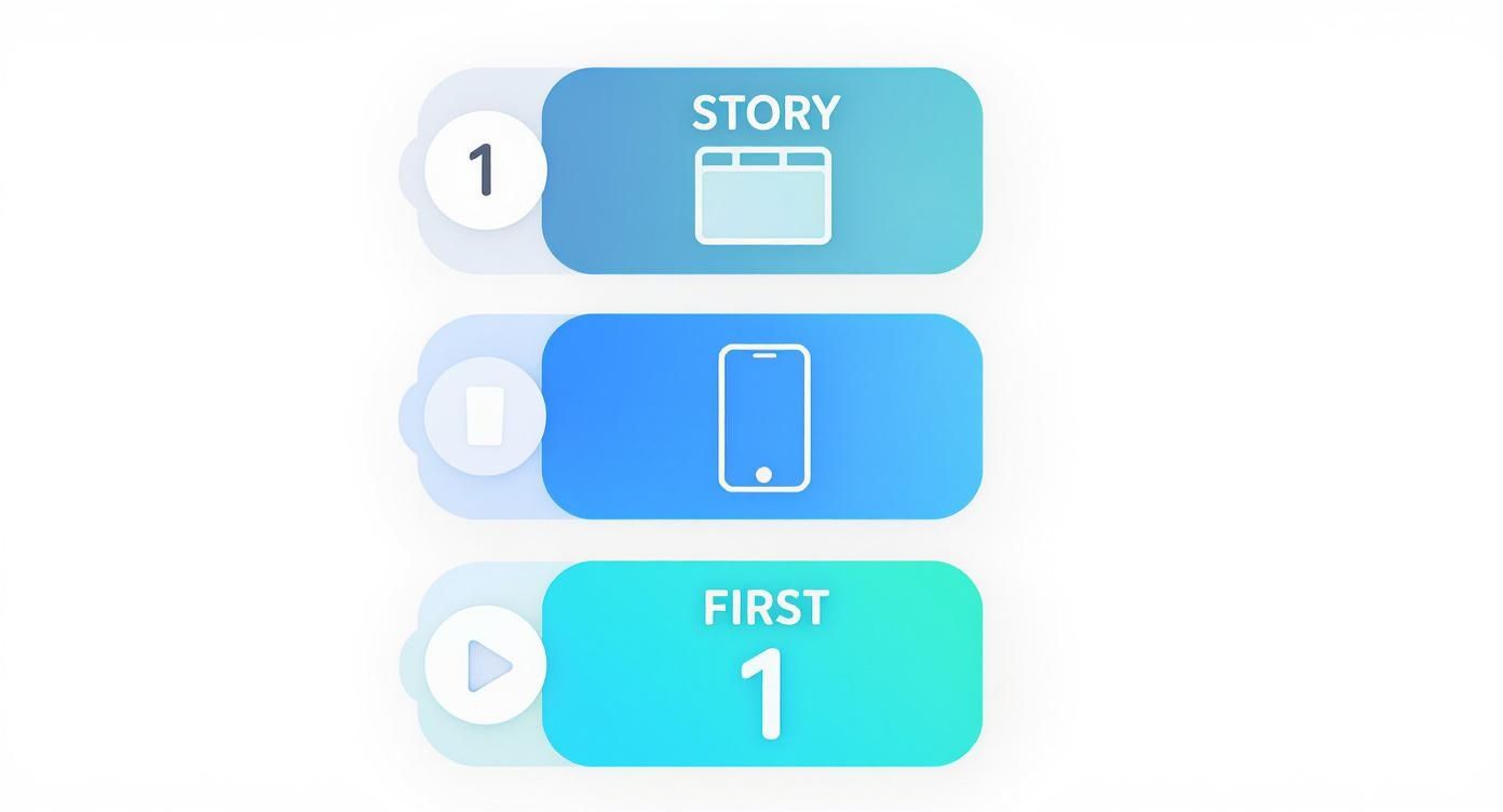 Three steps showing content types: story, mobile device, and first view with number 1.