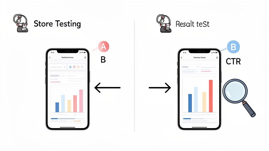 Illustration of app store A/B testing, comparing different versions and analyzing results.