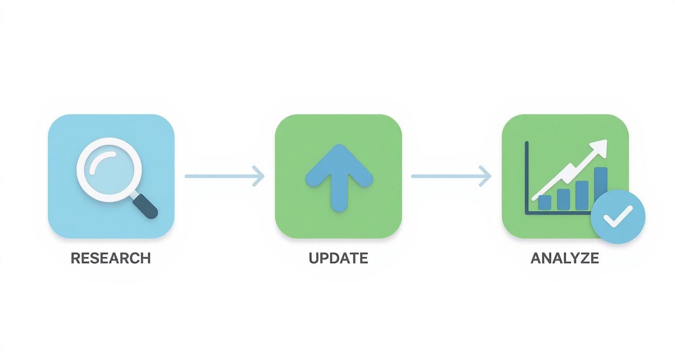 Infographic about the ASO Google Play workflow showing three steps Research, Update, and Analyze