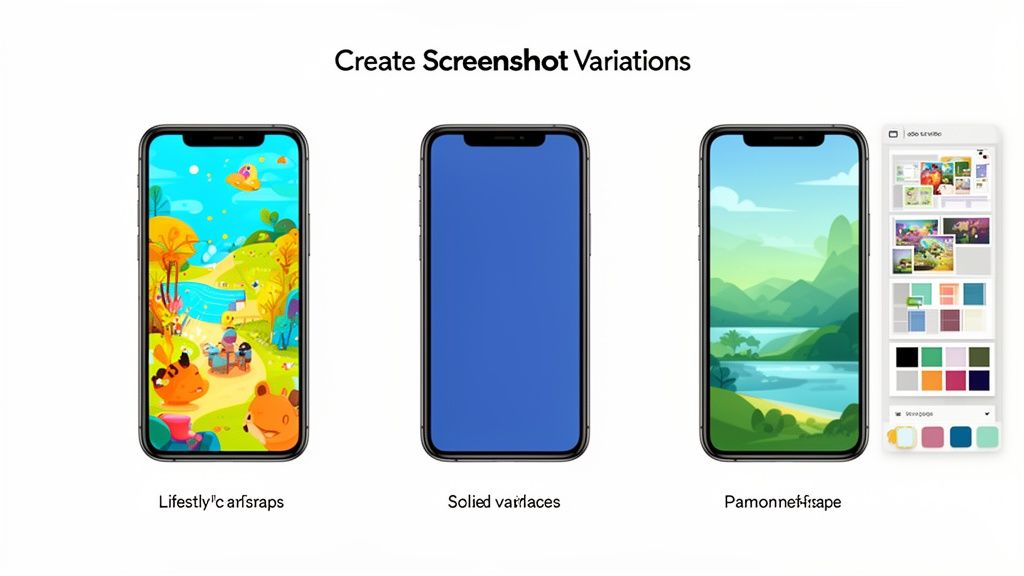 Three smartphones showcasing different app screenshot variations, including colorful animated scenes and a solid blue screen, next to a color palette selection.
