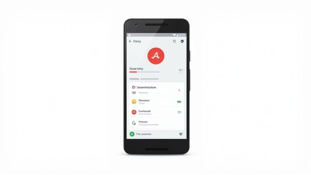 A black Android smartphone displaying a user profile screen with various app options.