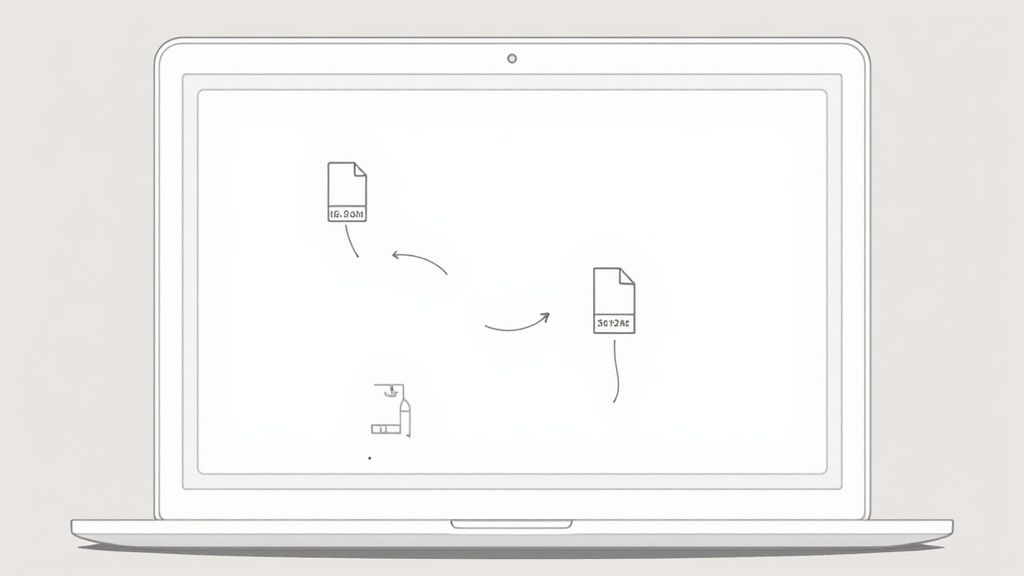 Laptop screen displaying file compression process with documents showing file sizes being reduced