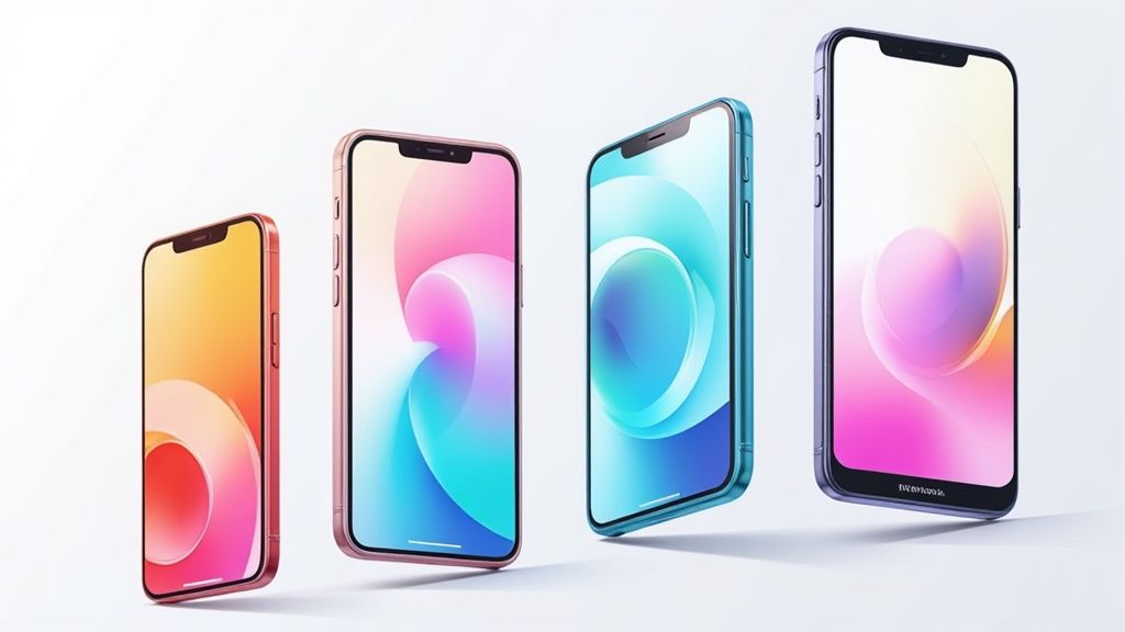 Four modern smartphones displaying colorful gradient screens arranged in a row on white background