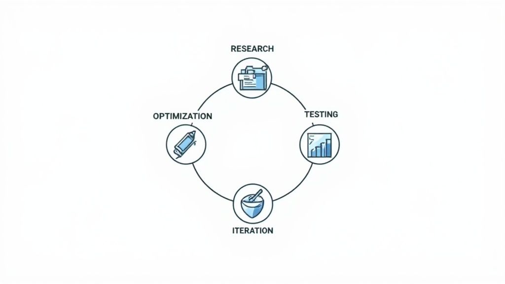 A circular diagram showing the four stages of the ASO framework: Research, Optimization, Testing, and Iteration, with vibrant connecting arrows.