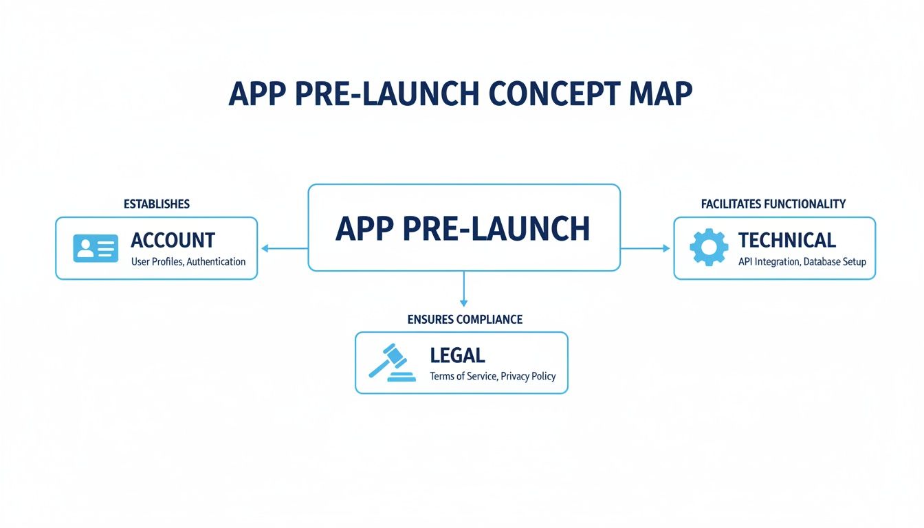 Concept map illustrating essential steps for app pre-launch: account, technical, and legal aspects.