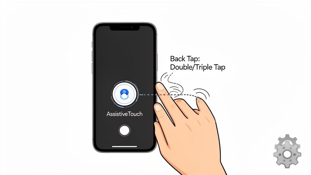 An iPhone with AssistiveTouch is shown, demonstrating the Back Tap feature with a hand.
