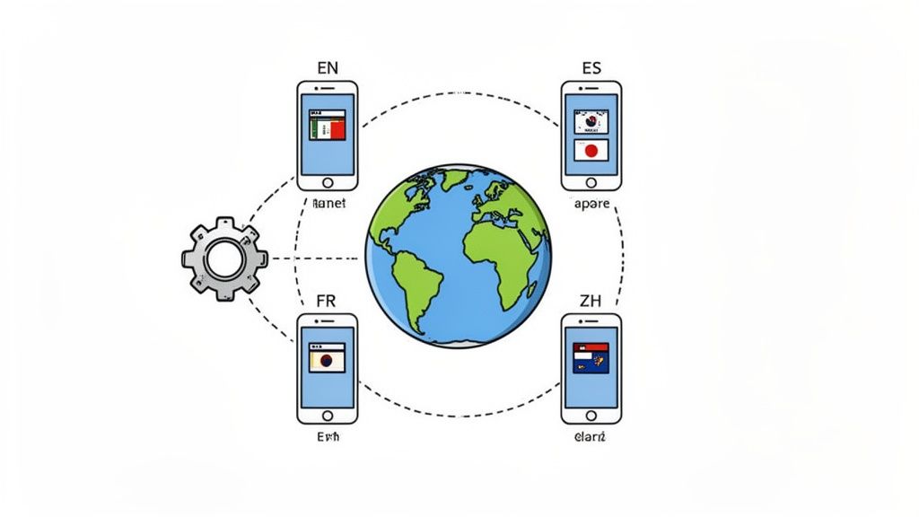 An illustration of a globe surrounded by smartphones, displaying flags, language codes, and connected to a gear icon.