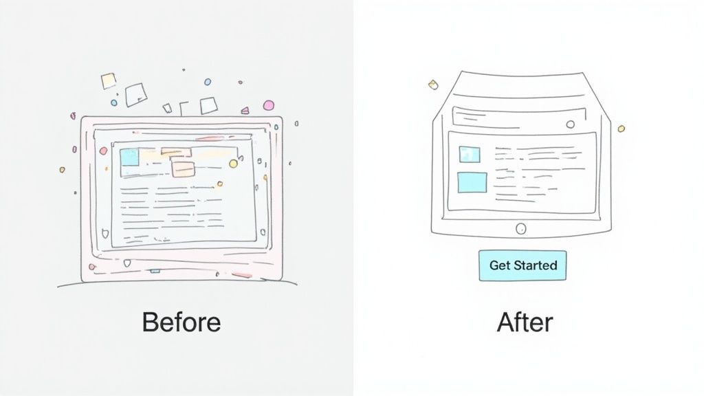 Illustration showing a cluttered screen 'Before' and a clean, organized layout with a 'Get Started' button 'After'.