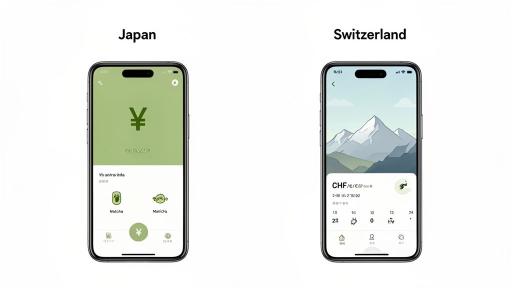 Two smartphone screens displaying localized app interfaces for Japan (Yen symbol) and Switzerland (mountain scenery and CHF).