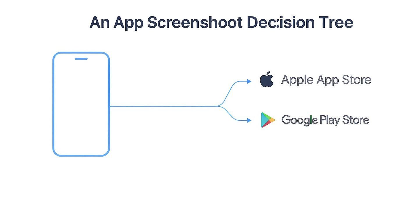 Decision tree illustrating how app screenshots are uploaded to Apple App Store and Google Play Store.