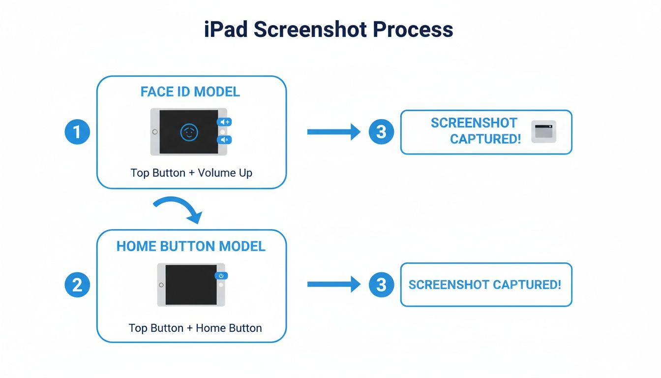 An infographic illustrating two methods for taking a screenshot on an iPad: Face ID model and Home Button model.