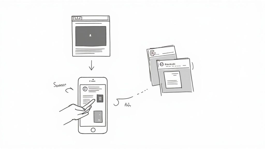 Stylized image showing an iPhone with a full-page screenshot being edited and saved as a PDF.