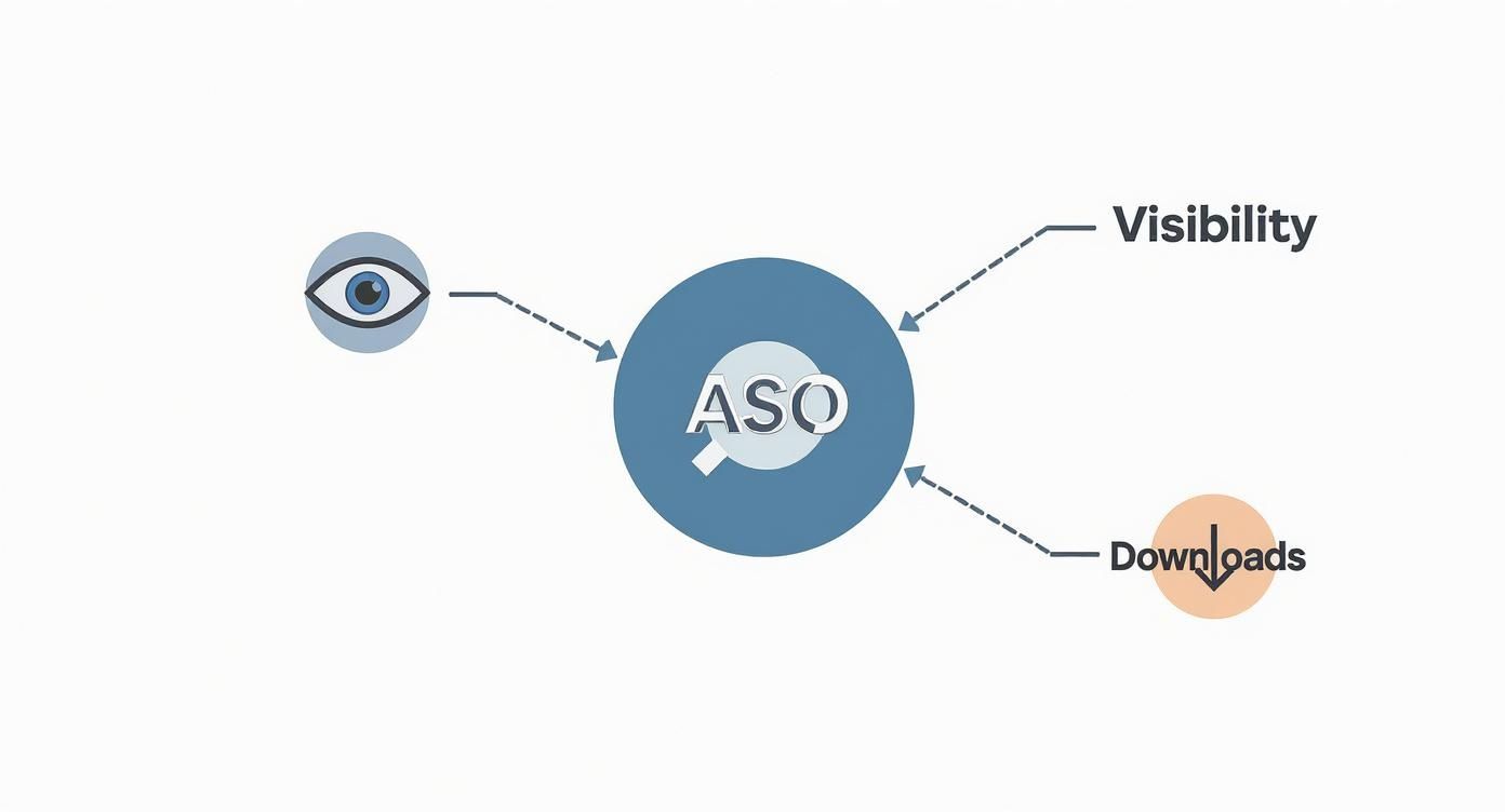 Diagram illustrating App Store Optimization (ASO) with an eye icon, leading to visibility and downloads.
