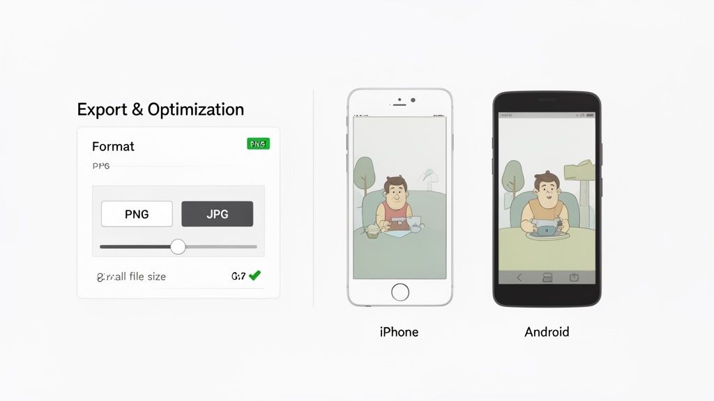 An export and optimization UI with PNG and JPG format options, a file size slider, and a cartoon image displayed on an iPhone and Android phone.