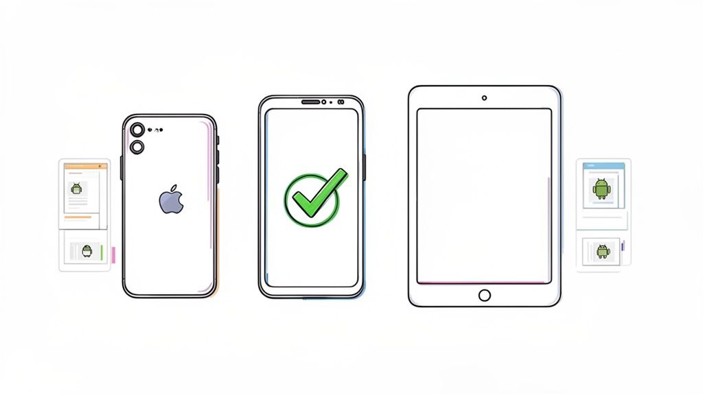 Illustration of mobile devices including an iPhone and a smartphone with a checkmark, symbolizing app compatibility across platforms.