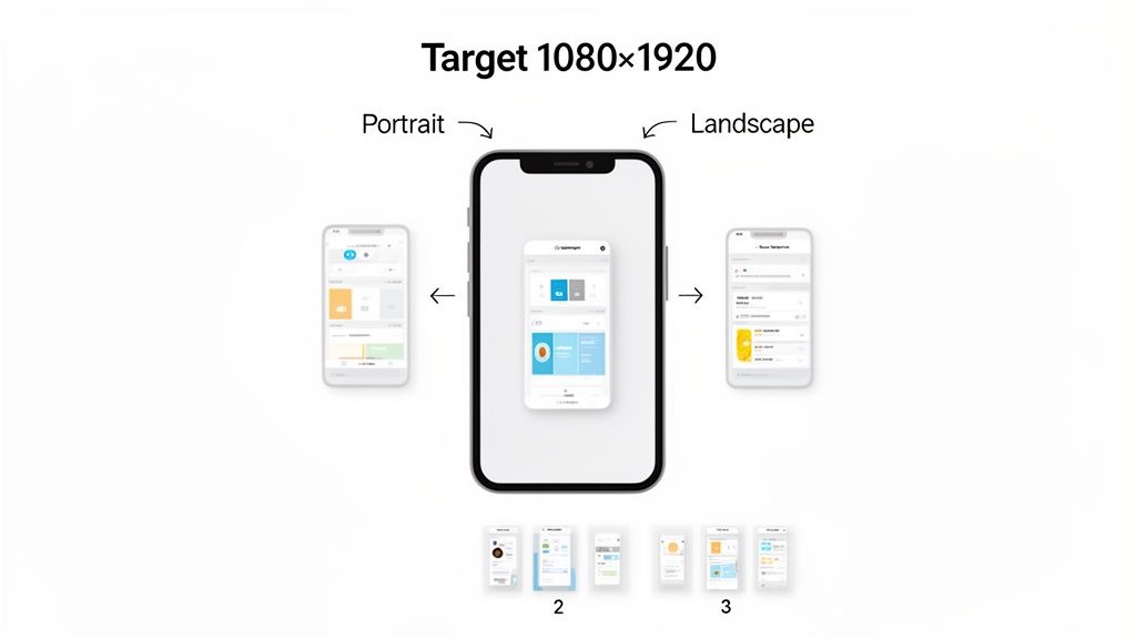 A smartphone displays an app in portrait and landscape modes, illustrating responsive design for a 1080x1920 target.