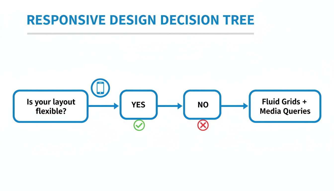 A responsive design decision tree diagram illustrating whether a layout is flexible, then suggesting fluid grids and media queries for non-flexible layouts.
