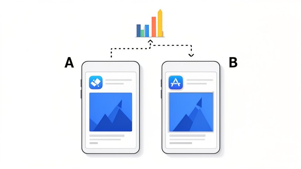 An ASO A/B test comparing two mobile app ad creatives (A and B) with a performance chart.