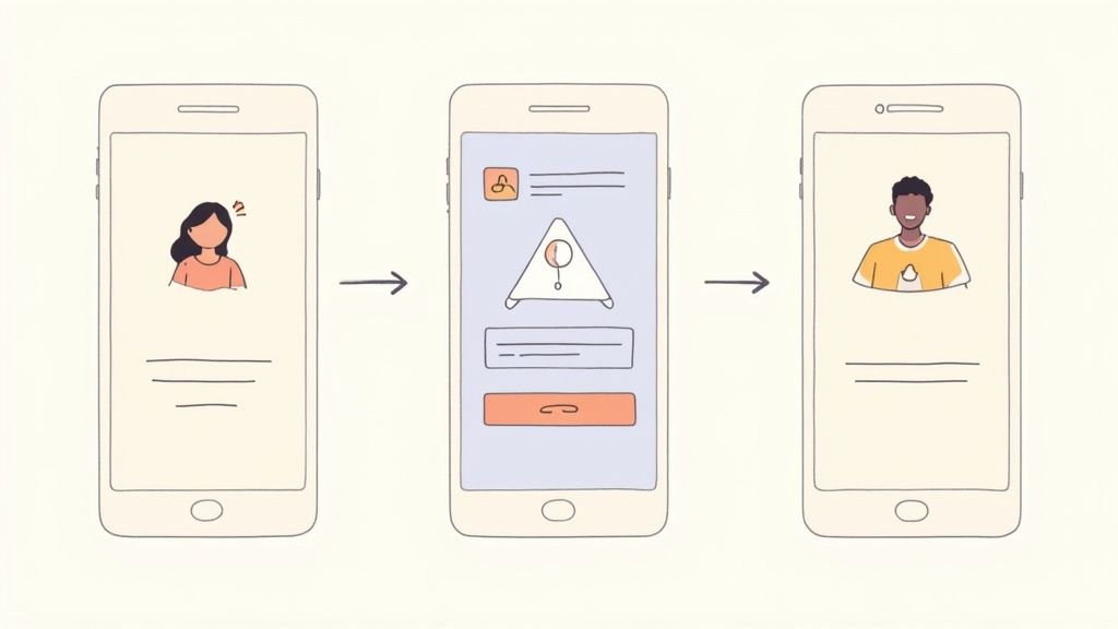 Three mobile app screens illustrate a user journey from a failed login attempt to a successful profile display.