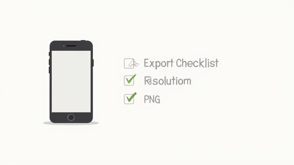 An iPhone mockup with a blank screen next to an export checklist with two items checked.