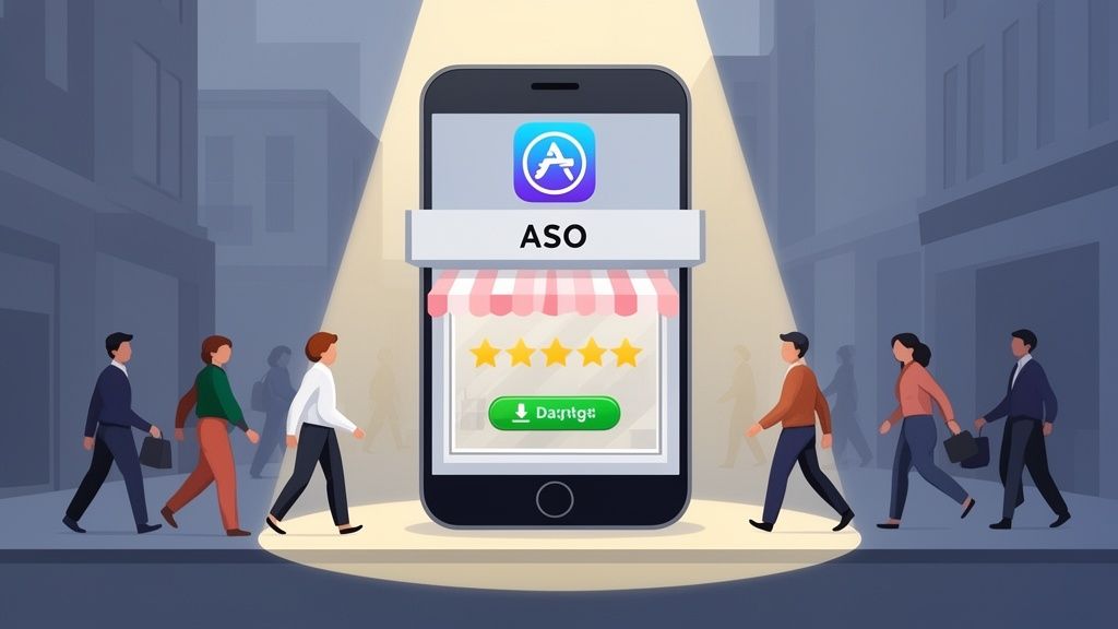 Illustration of App Store Optimization (ASO) attracting users to a highly-rated mobile app.