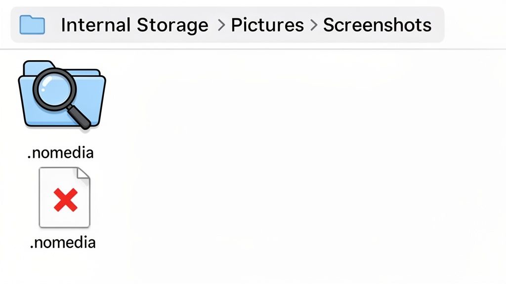 A mobile file manager displaying 'Internal Storage > Pictures > Screenshots' with two '.nomedia' entries.