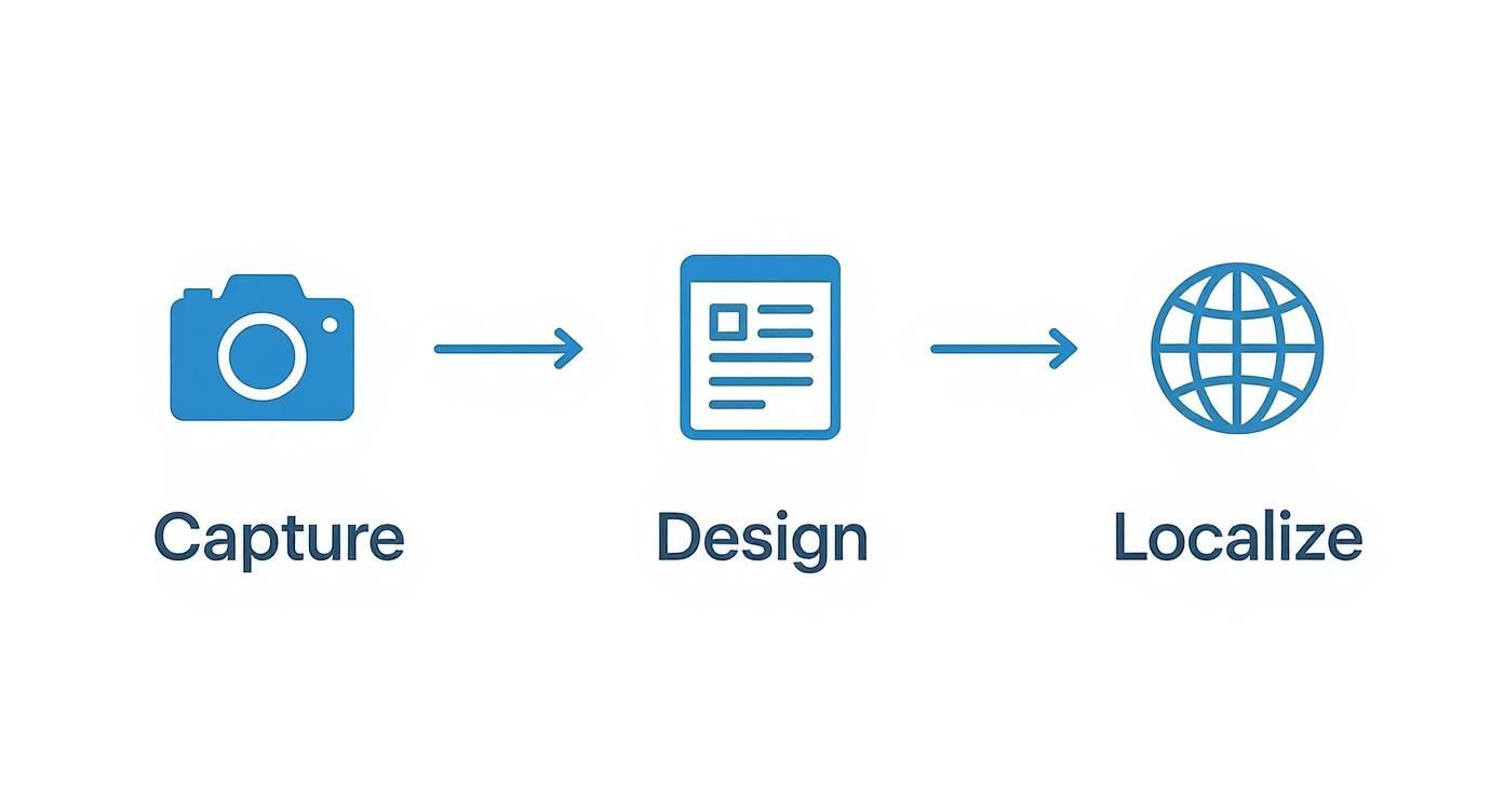 A sleek, automated workflow diagram showing three interconnected nodes: a camera icon for capture, a document icon for design, and a globe icon for localization, all in vibrant blue tones on a clean white background.