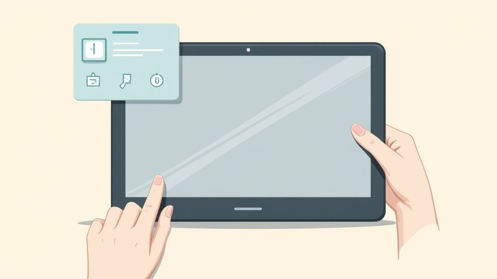 Hands holding and tapping a tablet screen with a notification box displayed.
