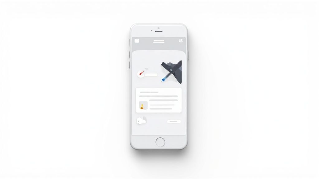 A person's hand holding a smartphone displaying a colorful mobile app mockup interface.