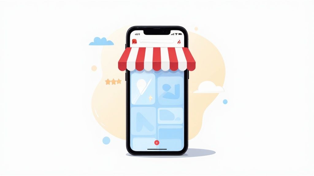 Smartphone displaying mobile shopping app interface with red and white striped storefront awning