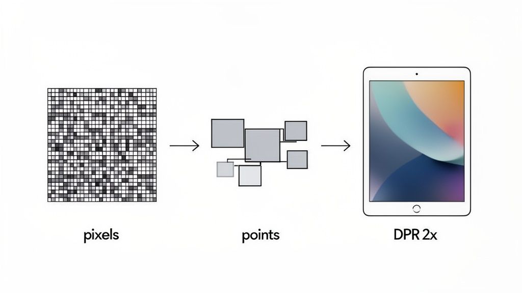 A diagram illustrating the transformation from pixels to points, then displayed on an iPad with DPR 2x.