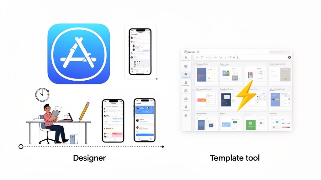 A comparison showing a designer working on mobile apps for the Apple App Store versus using a template tool.