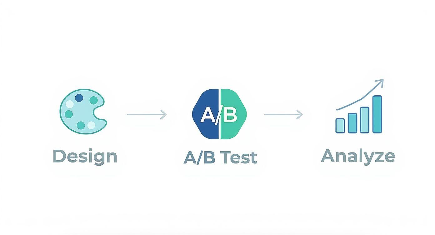 Diagram illustrating a three-step process: design with a palette, A/B test, and analyze.