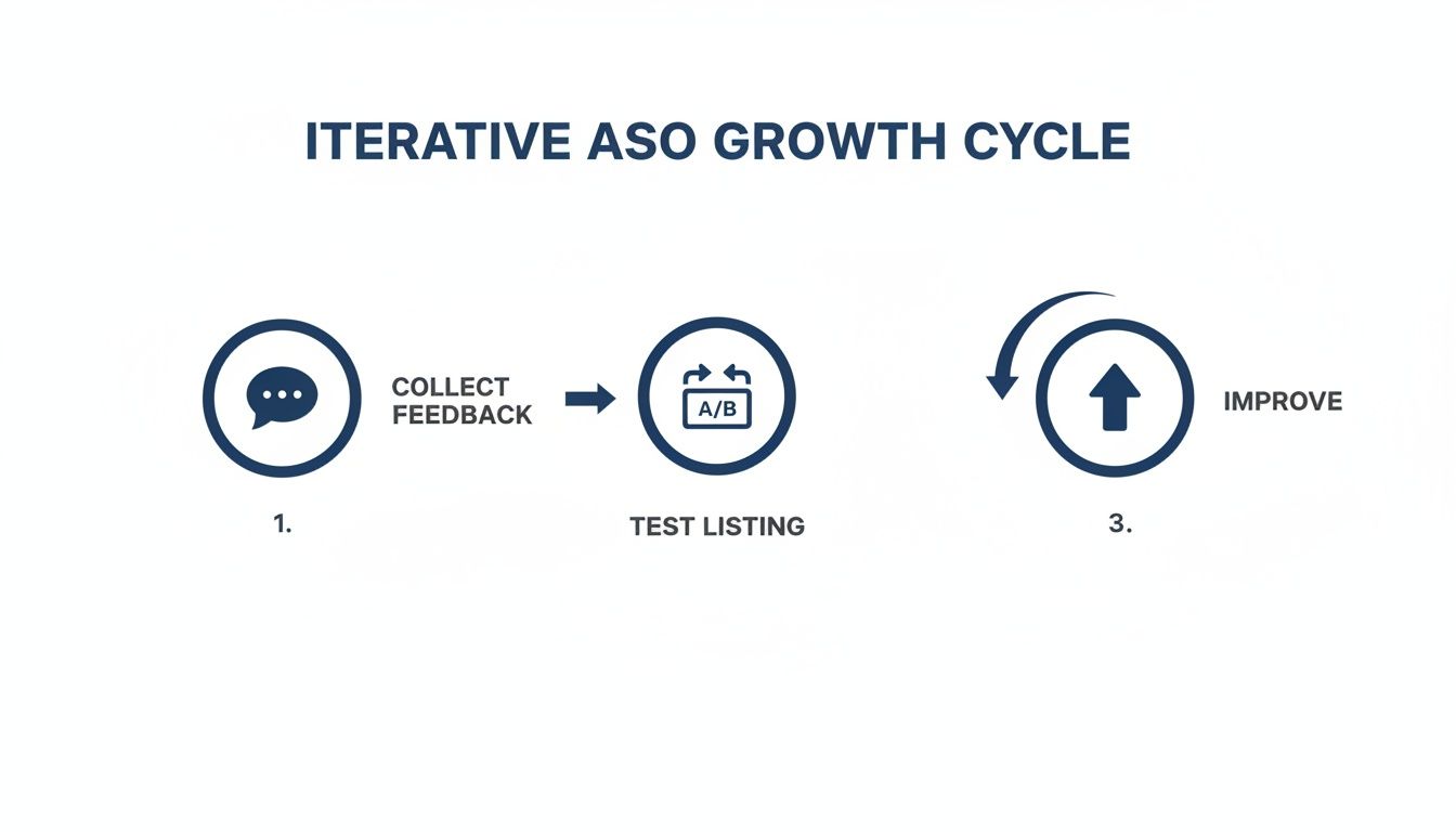 Diagram showing the iterative ASO growth cycle: collect feedback, test listing, and improve.