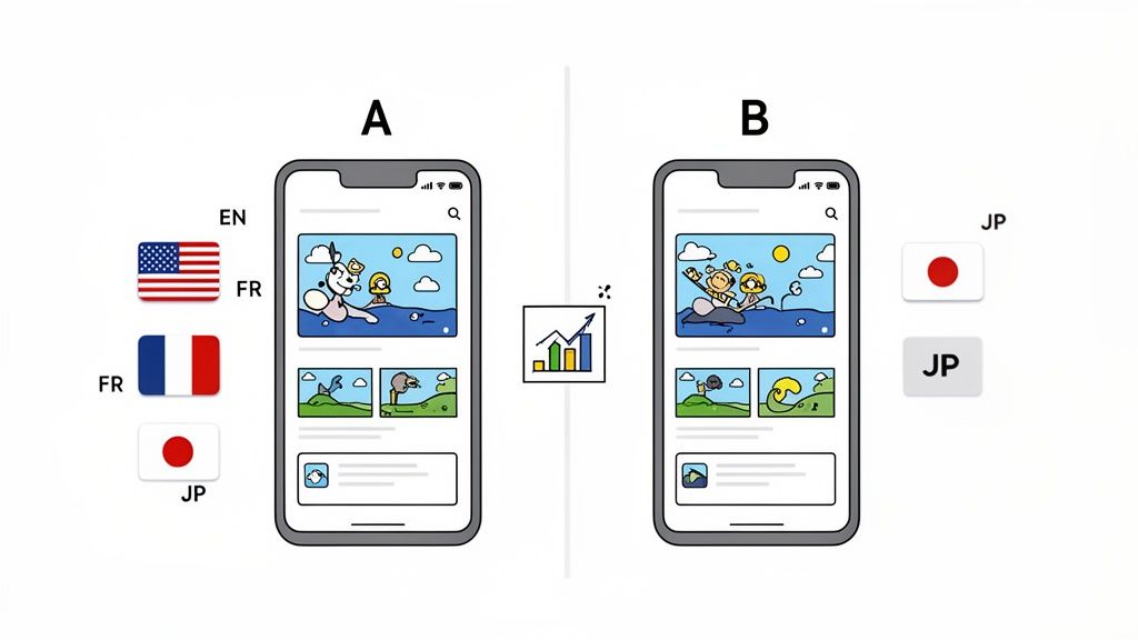 A/B test comparing two mobile app screens (A and B) with flags indicating different languages and regions, focused on app store optimization.