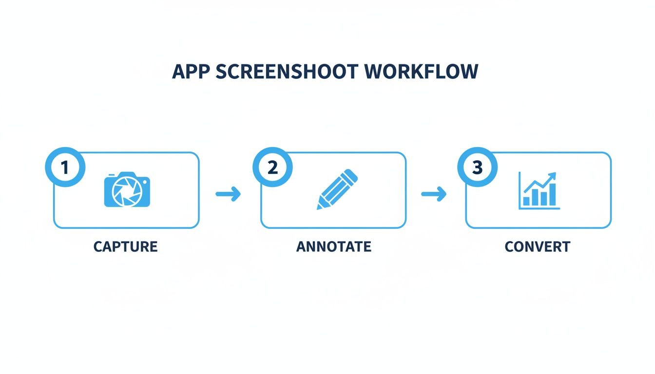 A three-step workflow diagram illustrating the app screenshot process: capture, annotate, and convert images.