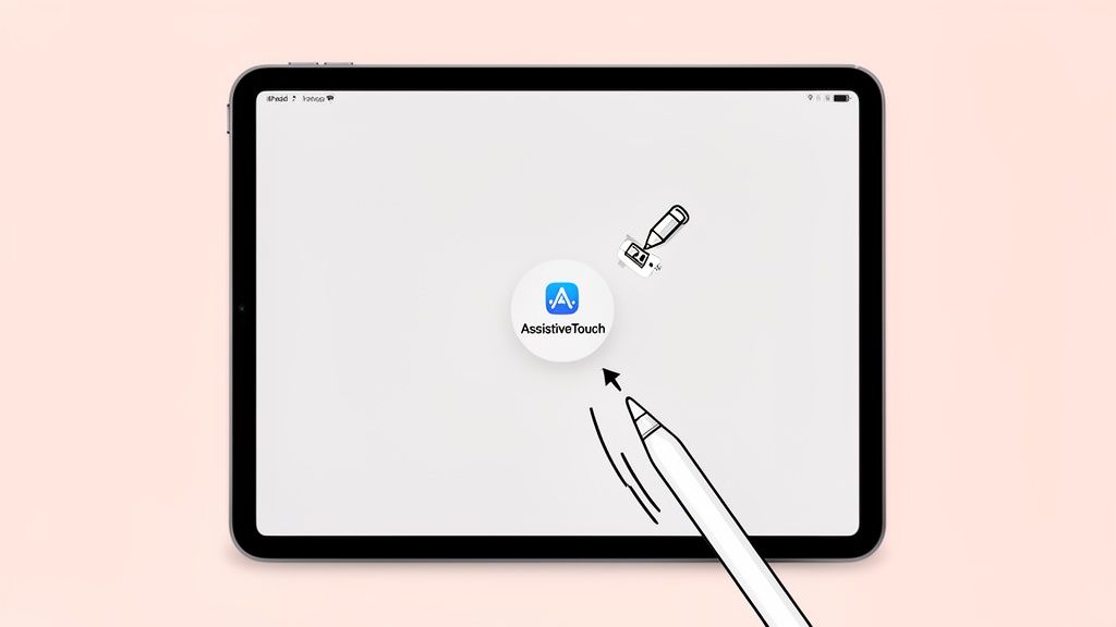 A stylus points to the AssistiveTouch icon on an iPad screen, demonstrating user interaction with the device.