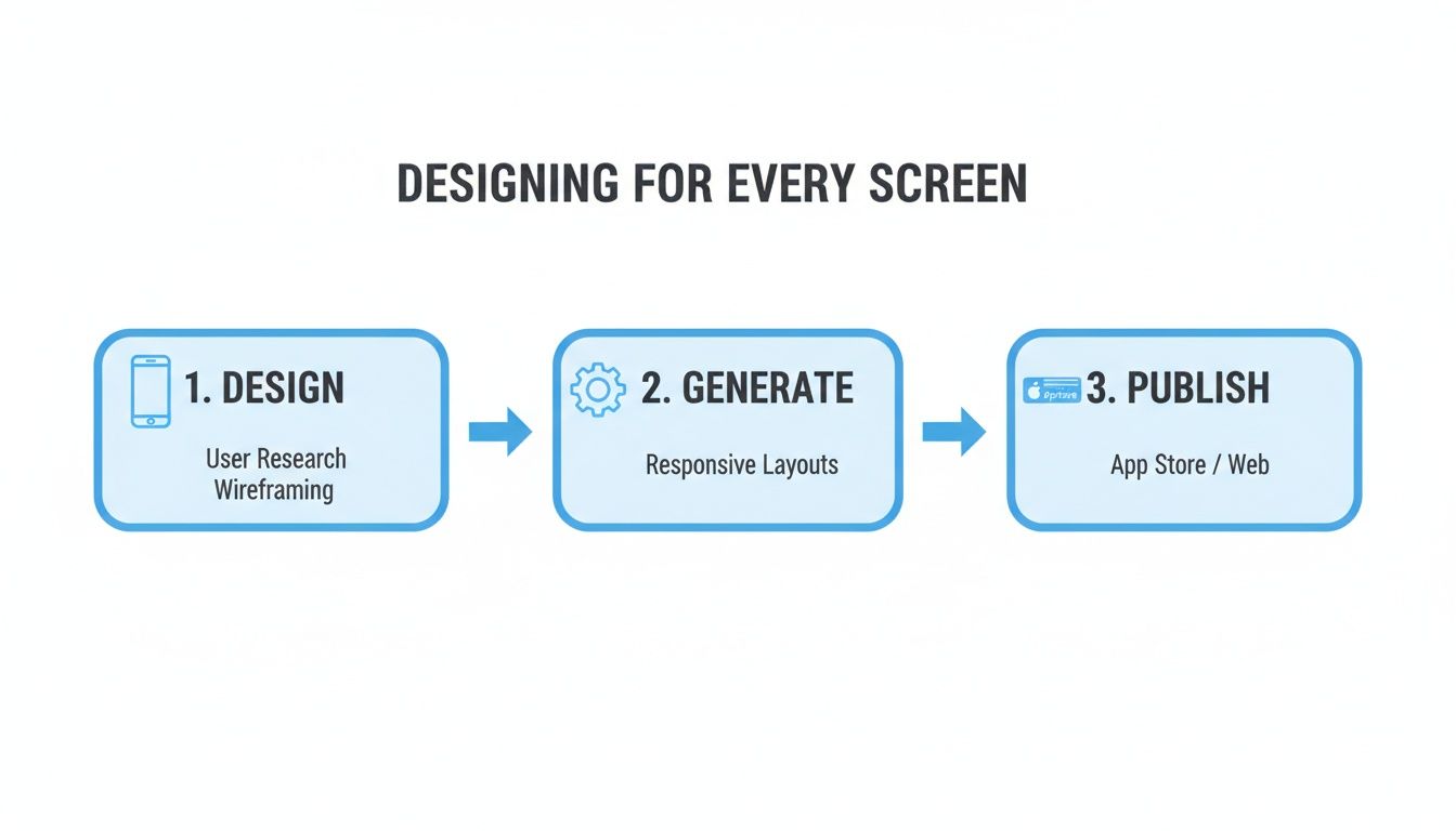 A 3-step process infographic for designing responsive mobile and web applications, from design to publishing.