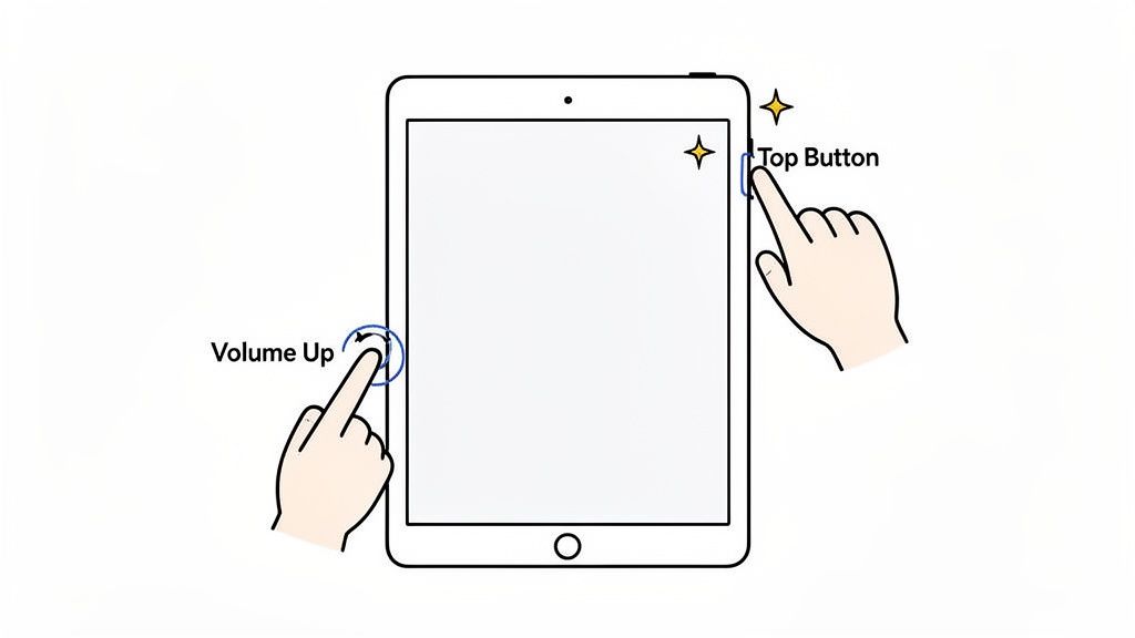 An illustration demonstrating how to take a screenshot on an iPad by pressing the Volume Up and Top buttons.