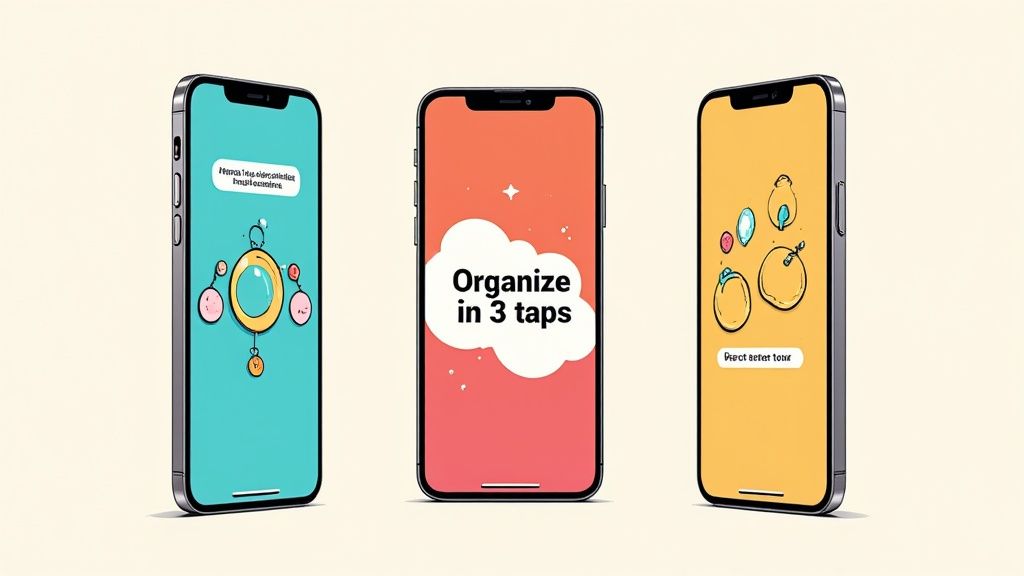 Three modern smartphones showcasing colorful app interfaces, with one displaying "Organize in 3 taps."