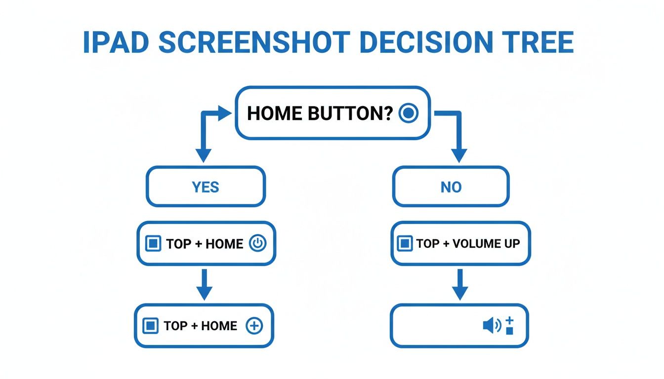 A decision tree illustrating how to take a screenshot on an iPad, based on the presence of a home button.