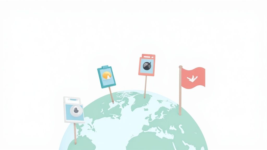 Four pins with icons like a camera, sun, bomb, and airplane stuck into a light blue globe.